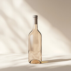 Minimalistic empty glass wine bottle mockup on soft beige background with realistic sunlight and shadows. Branding and packaging.