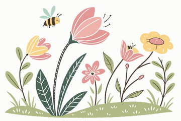 Charming illustration of a bee flying over a field of colorful spring flowers