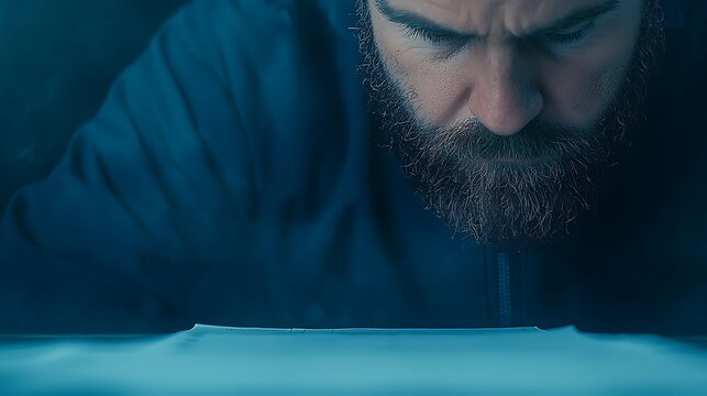 Focused Bearded Man Reading Document in Blue Light