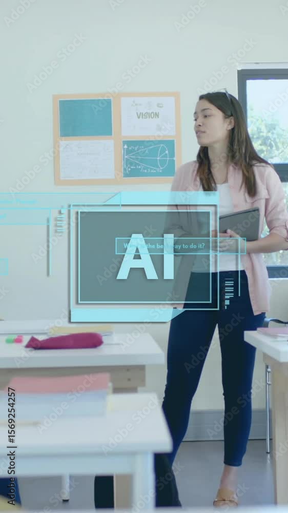 Poster Animation of ai data processing over diverse students at school