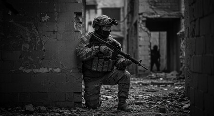 Eerie grayscale depiction of a military operator amidst the ruins of urban conflict zones