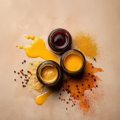  Assorted gourmet sauces in glass jars with splashes and powdered spices on beige background — flavorful condiment flat lay for culinary design and food styling projects © DELstudio