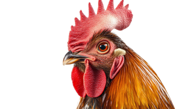 Front-facing rooster with shiny feathers and detailed beak Transparent background, PNG