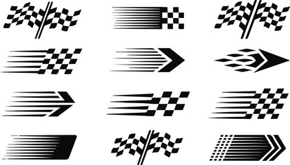 Vector art of collection of checkered racing flags and speed lines