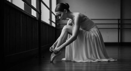 Monochrome portrait capturing a ballerina tying her pointe shoes with focused grace