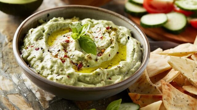 Bowl of fresh guacamole is ready for dipping with vegetables and pita chips. This delicious dip is perfect for a party or snack