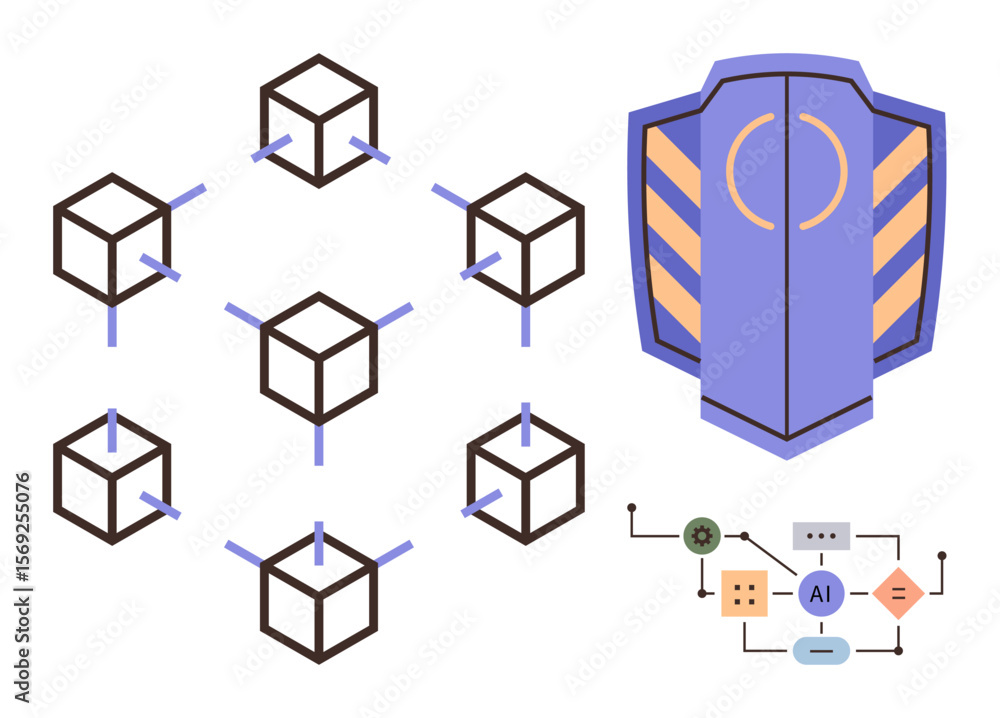 Poster blockchain network nodes connected for secure data transfer, shield icon ensuring cybersecurity. ai 