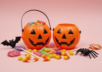 Two orange jack o lantern buckets filled with halloween candy and decorations