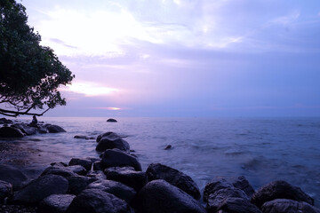 Serene Sunset Over Calm Ocean Waters with Rocks and Tree