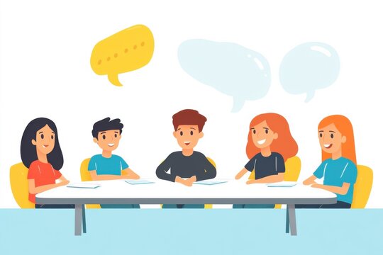 Team brainstorming session office illustration collaborative space front view communication dynamics