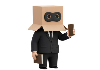 Isolated Cartoon Man with Box on Head Holding Phone and Book