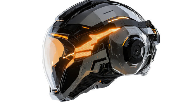 Futuristic sci-fi combat helmet with visor and LED lights, detailed render Transparent background, PNG - Powered by Adobe