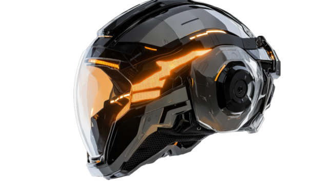 Futuristic sci-fi combat helmet with visor and LED lights, detailed render Transparent background, PNG