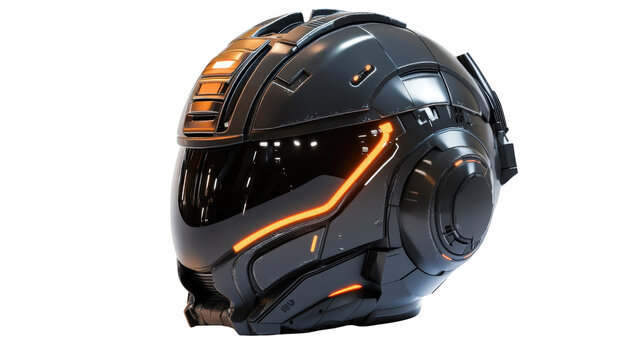 Futuristic sci-fi combat helmet with visor and LED lights, detailed render Transparent background, PNG