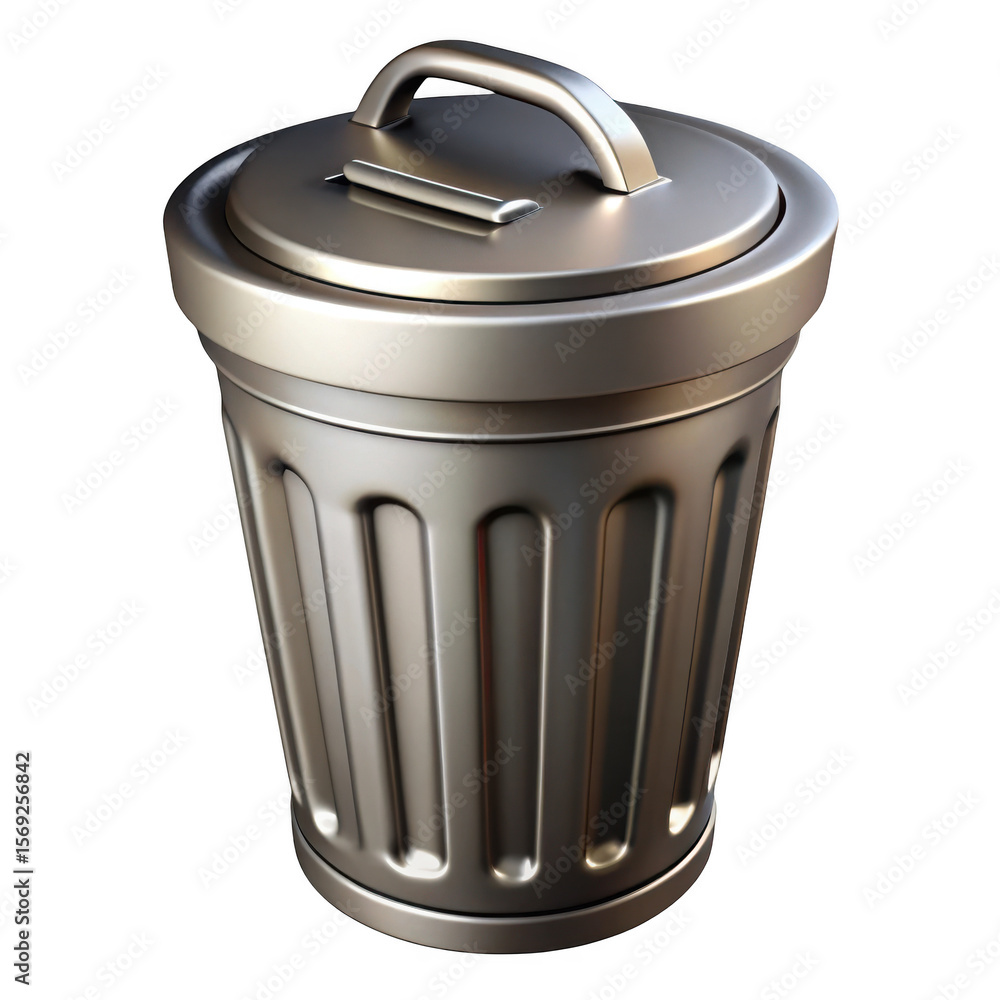 Poster 3d realistic metal trash can with lid and handle isolated on transparent background