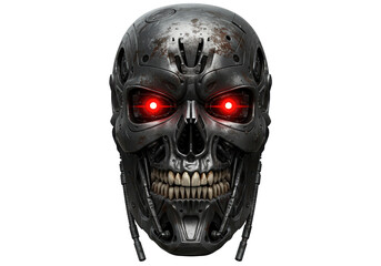 Isolated Cybernetic Skull with Glowing Red Eyes