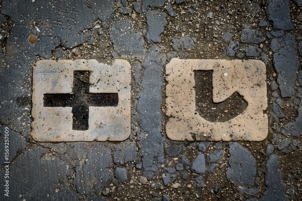 Aufkleber close up of plus and u shaped signs embedded in a stone pavement, adding a unique touch to urban env