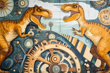 Steampunk mural with two orange T-Rex dinosaurs and intricate mechanical gears background