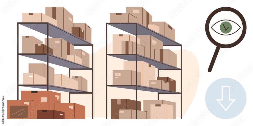 Poster rows of storage racks loaded with assorted boxes, accompanied by a magnifier with an eye and a check