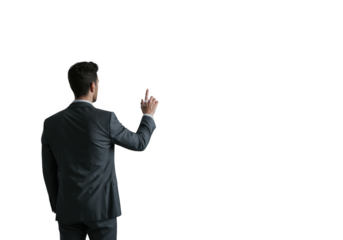 Businessman in a suit touching a holographic interface isolated on transparent background