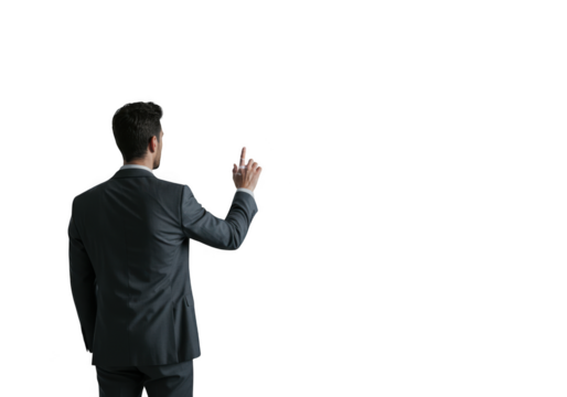 Businessman in a suit touching a holographic interface isolated on transparent background - Powered by Adobe