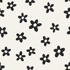 Fototapeta premium Floral print, seamless pattern. Daisy flowers, endless background design. Abstract black and white meadow, repeating printable texture for textile, fabric and wrapping. Flat vector illustration