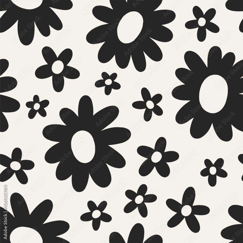 Poster flower pattern. seamless floral print with daisy blooms in groovy black and white style. nature text