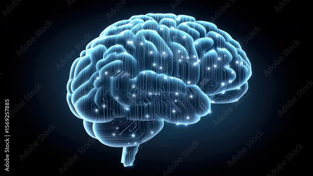 Poster glowing digital brain neural connection illustration showing human intelligence and neural network