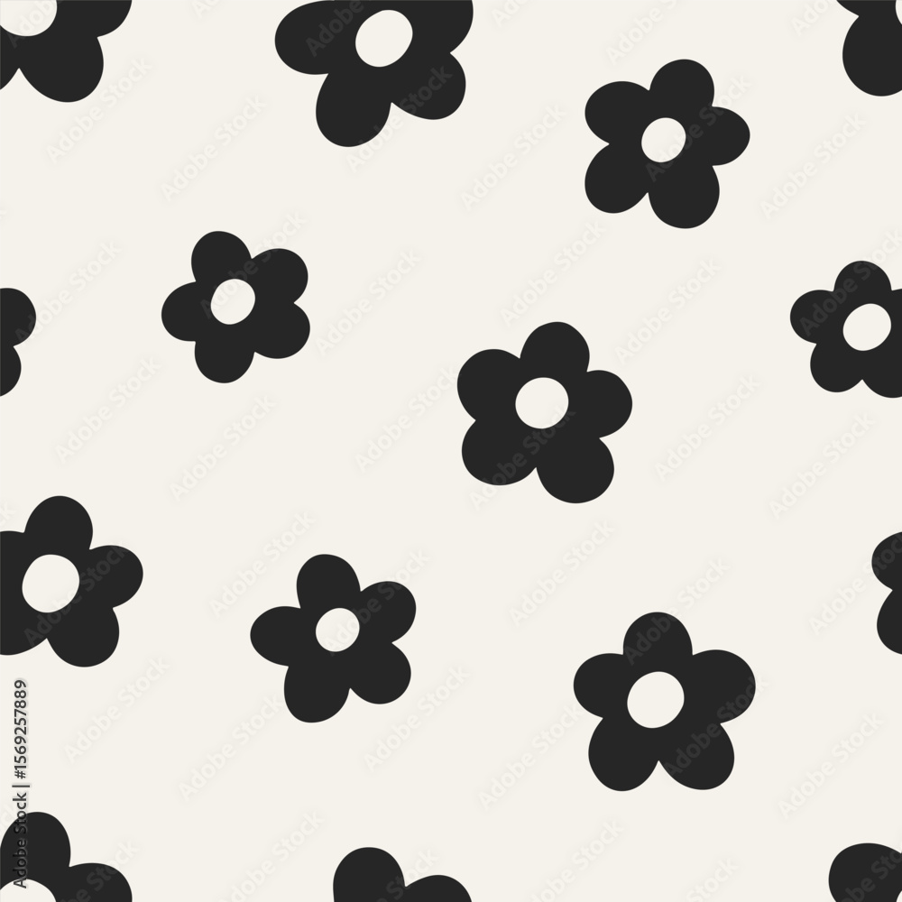 Poster Daisy pattern, seamless print. Endless floral background. Black and white flower power texture in groovy retro style. Repeatable design for textile, wallpaper and wrapping. Flat vector illustration