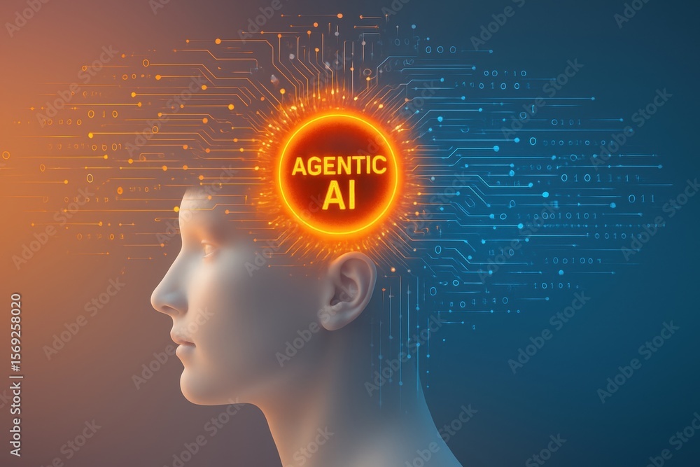Poster agentic ai: the image of an intelligent agentic ai superimposed onto the human brain symbolizes the 