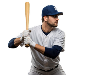 Baseball player in uniform holding bat ready to swing isolated on transparent background