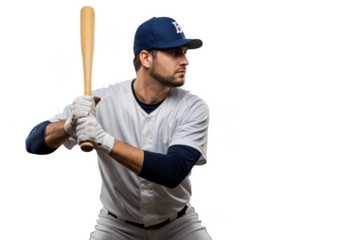 Baseball player in uniform holding bat ready to swing isolated on transparent background