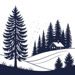 Obraz premium Silhouette of a winter cabin surrounded by evergreen trees