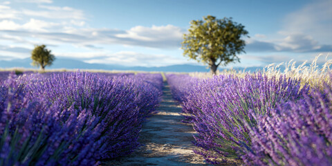 Obraz premium Immerse yourself in the vibrant beauty of a blooming lavender field, showcasing endless rows of purple under a bright blue sky, with a lone tree in the distance, evoking peace and natural splendor