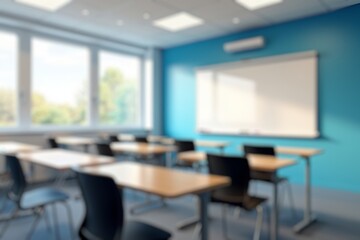 Beautiful blurred background of bright classroom and study room with panoramic windows and beautiful lighting. Blurred Empty school background.