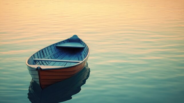 Calm wooden boat on tranquil water at sunrise