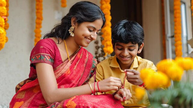 Siblings celebrating Raksha Bandhan with joyful smiles and traditional attire Indian brother and sister