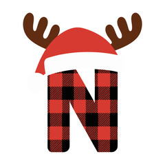 Christmas letter N with plaid, antlers, and Santa hat, Festive uppercase letter N decorated with a red plaid pattern, Santa hat, and cartoon antlers, perfect for holiday crafts and Christmas-themed 
