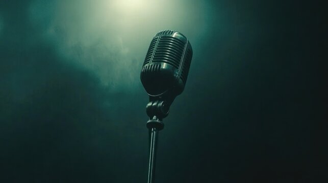 Vintage microphone in spotlight, smoky stage backdrop