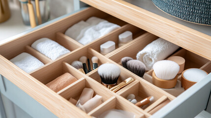 close-up of bathroom drawer with beauty accessories, brushes, cotton pads, organized layout