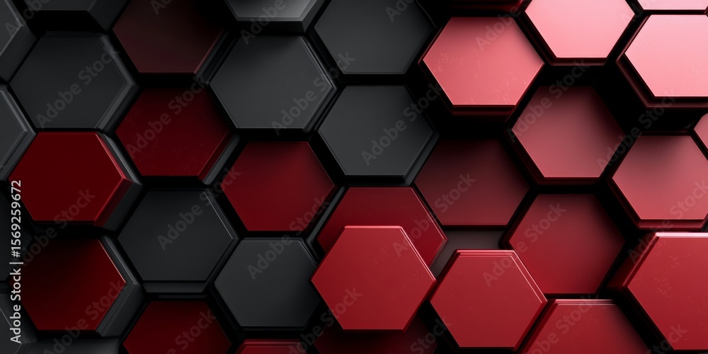 Poster intricate hexagonal structure arrangement with red and black abstract geometric 3d pattern design