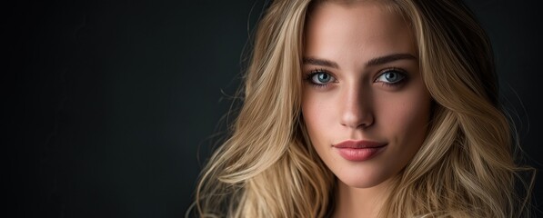 Fototapeta premium Portrait of Young Blonde Woman with Blue Eyes Against Dark Background