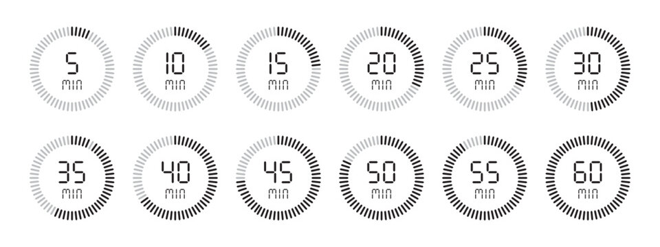 Timer 5, 10, 15, 20, 25, 30, 35, 40, 45, 50, 55, 60 min. Stopwatch isolated set icons. Countdown timer symbol icon set. vector illustration.