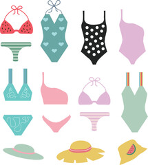 Collection of summer swimwear vector, Colorful beach swimwear, set of female striped bikini vector illustration on white background