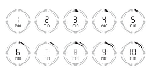 Timer, 1, 2, 3, 4, 5, 6, 7, 8, 9, 10 min. Stopwatch isolated set icons. Countdown timer symbol icon set. vector illustration.