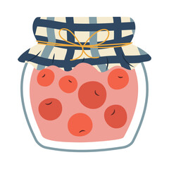 Isolated flat vector illustration of hand drawn jar of cherry jam with craft cover on white background. Cottagecore lifestyle. Healthy food