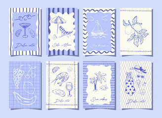Collection celebration summer cards with elements on the theme of relaxation and the sea in italian sketch style. Mediterranean lifestyle. Perfect for poster, cover, label. Flat vector illustration.
