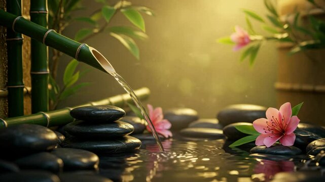 Serene spa scene featuring bamboo fountain, smooth black stones, water, and delicate pink flowers, creating a zen-like atmosphere.