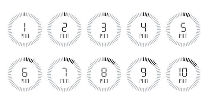 Timer, 1, 2, 3, 4, 5, 6, 7, 8, 9, 10 min. Stopwatch isolated set icons. Countdown timer symbol icon set. vector illustration.