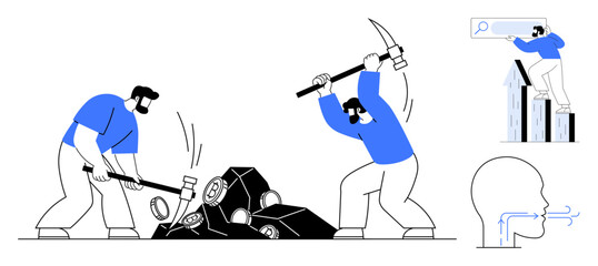 Two individuals break rocks with tools, one climbs bar charts with a magnifier, emphasizing progress, persistence, exploration, analysis, hard work, conscious growth and determination. Ideal